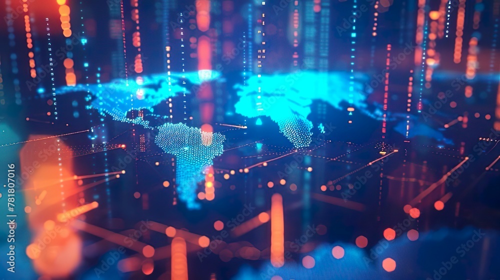 Poster digital map of the world with glowing connections between cities, representing global connectivity and data transfer in cloud computing. 8k resolution