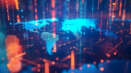 Fototapeta premium digital map of the world with glowing connections between cities, representing global connectivity and data transfer in cloud computing. 8k resolution
