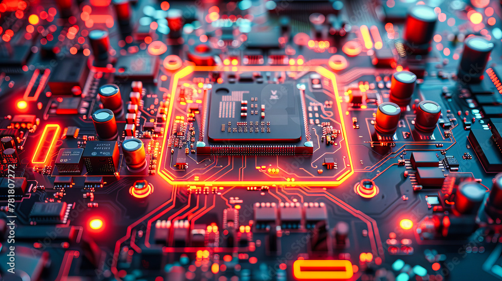 Poster macro detail of a green computer chip, highlighting the precision of modern engineering and digital 