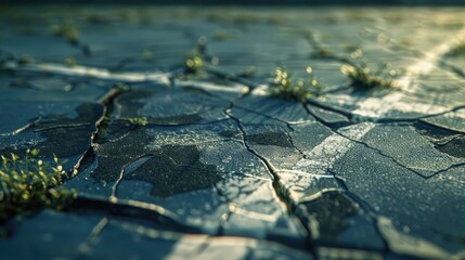 A cracked and faded tennis court surface, with weeds pushing through the lines, reclaiming the once...