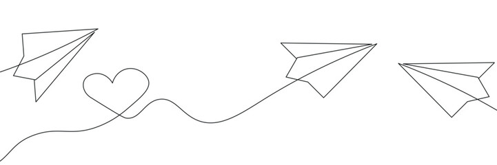 One image of a love sign in a continuous shape with flying paper airplanes. Thin contour and romantic symbols for greeting cards and web banners in simple linear style. vector eps10