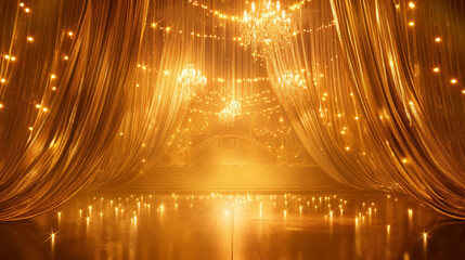 An opulent image capturing golden curtains with a hypnotizing display of radiant lights and shine