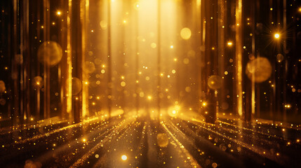 This image captures the enchanting view of a golden lit forest glade sprinkled with magical sparkles