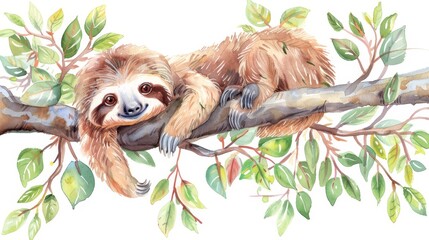  Sloth sleeping on a green branch , against a white backdrop