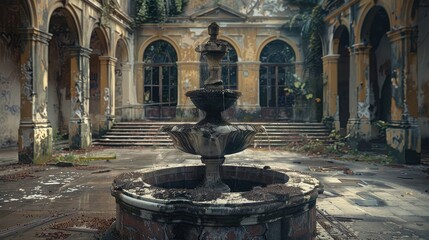 A crumbling stone fountain at the entrance of an old tennis court, its waters long dried up, surrounded by memories of past victories,