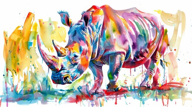   A rhino with multicolored paint splatters on its face and neck in this painting