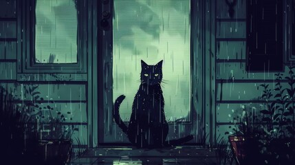   A black cat sits in a house doorway, gazing out through the rain-splattered window at the wet exterior - obrazy, fototapety, plakaty
