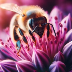 Bee on pink flower. Generative ai