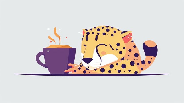   A cheetah holding a coffee cup, head lowered, eyes closed