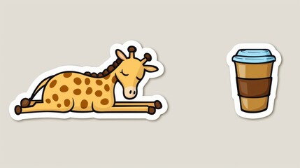  Giraffe lying down next to a cup of coffee on gray background..Sticker: Coffee mug shaped as a giraffe