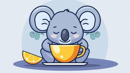   A cartoon koala holds a cup of tea On one side, an orange slice floats The other side, a lemon slice rests