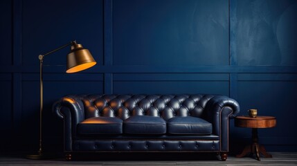 Black leather couch sits in front of wall with blue paint