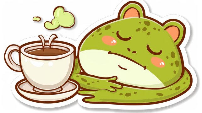  A sticker of a green frog sleeping beside a cup of coffee