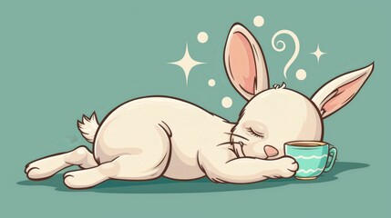   A cartoon bunny dozing off next to a steaming cup of coffee, thoughts bubbling up in its head
