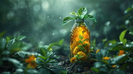 Nature's Elixir: Dew-Kissed Botanical Brew - A bottle of herbal drink glistens among fresh greenery with morning dew.