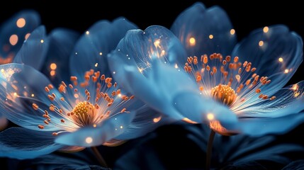   A tight shot of numerous flowers with lights embedded within their petals