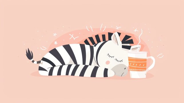   A zebra resting beside a cup of coffee against a pink backdrop, encircled by a pink orb