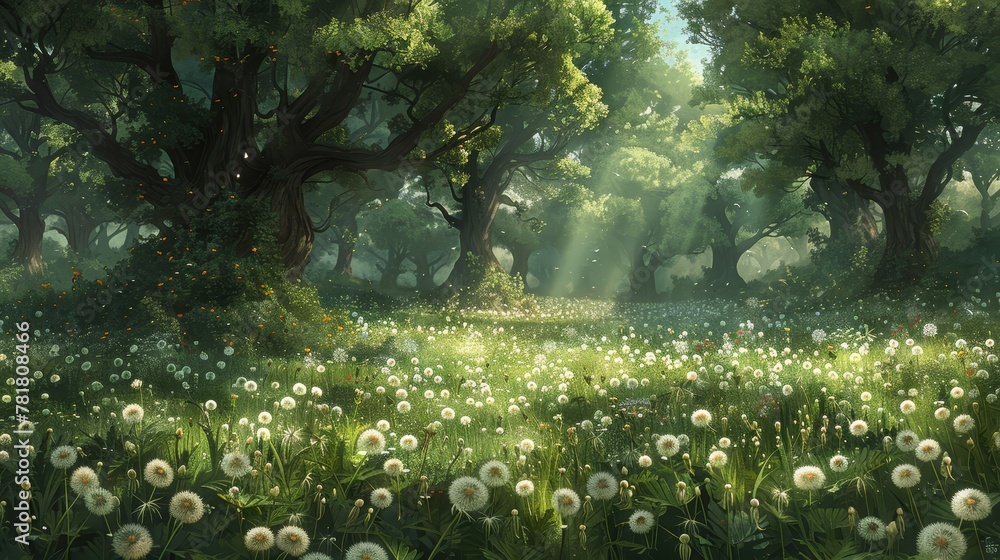Poster a forest scene painted with dandelions in the foreground and sunlight filtering through the backgrou