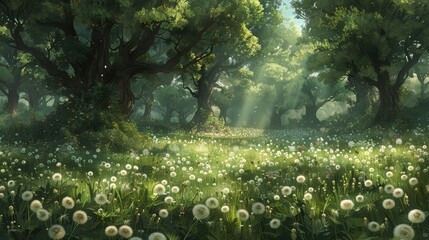   A forest scene painted with dandelions in the foreground and sunlight filtering through the background trees
