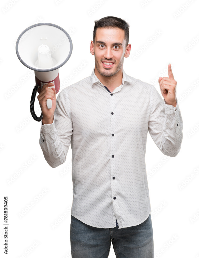 Sticker handsome young man holding microphone surprised with an idea or question pointing finger with happy 