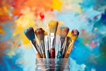Fototapeta premium A set of art brushes on the background of an artistic canvas with multicolored paint strokes.