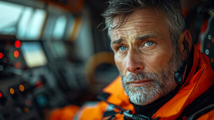 handsome middle aged male paramedic talking by portable radio while sitting in ambulance.