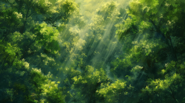 Light beams break through the crowns of green trees illuminating the misty forest in a magical way