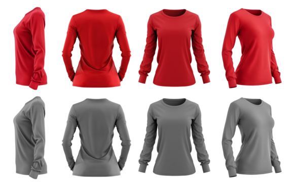 2 Set of woman red maroon grey gray front, back and side view round neck long sleeve tee shirt t-shirt on transparent background cutout, PNG file. Mockup template for artwork graphic design