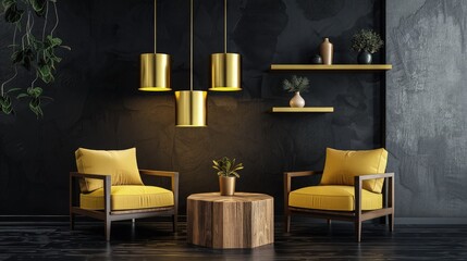 interior of a room with golden chair on dark black ground