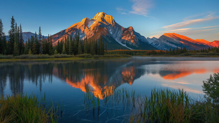 Serene image of a towering mountain peak bathed in golden sunlight, and its mirror-like reflection in the tranquil lake at dawn