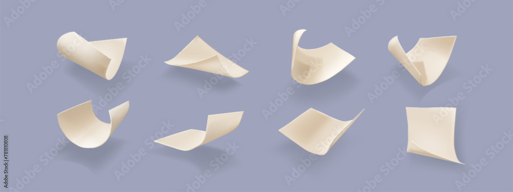 Poster flying curled paper sheet with shadow. realistic 3d vector illustration set of wind blow falling dow