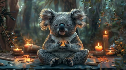   A koala atop a table, surrounded by candles and greenery, with a lit candle behind - obrazy, fototapety, plakaty