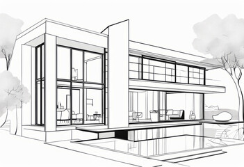 Drawing of a beautiful modern private house in line art 