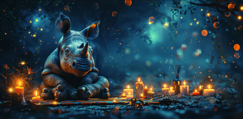   A rhino sits before candles in a dark forest at night – a painting of this scene - obrazy, fototapety, plakaty
