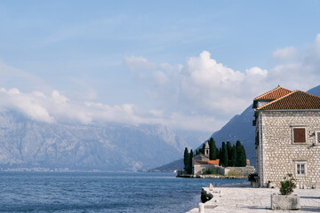 View from the island of Gospa od Skrpjela to the island of St. George. Montenegro