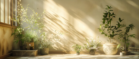 Minimalist Flower Decor in Sunlit Room, Elegant Vase on Wooden Table, Bright and Fresh Home Interior