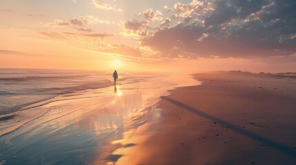 A distant figure walking along a deserted beach at sunset, the vast expanse of the ocean stretching out before them, - obrazy, fototapety, plakaty