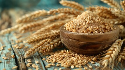   A wooden bowl brimming with wheat rests atop a rustic table Nearby, an amassing pile of wheat ears awaits - obrazy, fototapety, plakaty