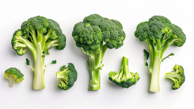 Top view of fresh broccoli florets neatly arranged on a white background, showcasing a variety of sizes from whole to small cuts. This image is perfect for highlighting healthy, green vegetables 