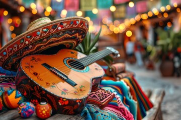 guitar slung over their shoulder, amidst Cinco de Mayo celebrations, lively motion captured, colorful decorations in the background. - obrazy, fototapety, plakaty