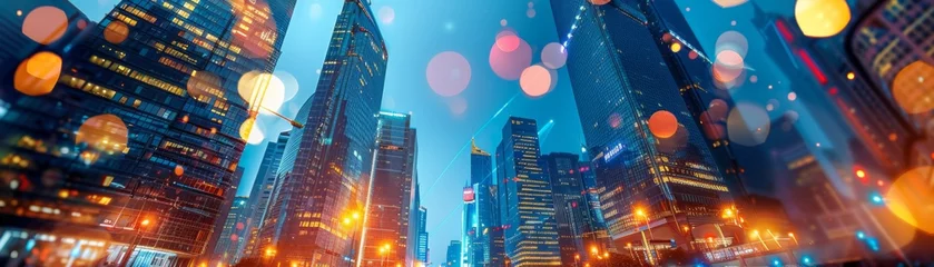 Deurstickers , steel, futuristic cityscape with towering skyscrapers, night, photography, neon lights, lens flare © Kumrop