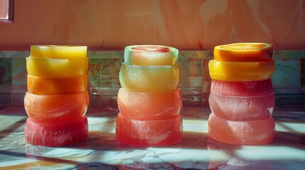   A collection of fruit juices aligned vertically on a marble countertop Behind them, a window reveals the outdoors - obrazy, fototapety, plakaty