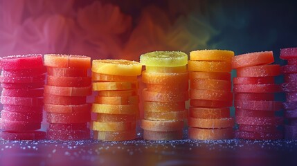   A stack of vibrant candies atop a table, nearby lies a mound of oranges and raspberries