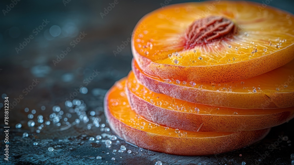 Wall mural   A metal countertop holds an array of sliced oranges, dripping with watery droplets