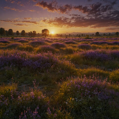 A panoramic view of a lavender field. In the background, the soothing warm glow of the evening sun on the horizon.