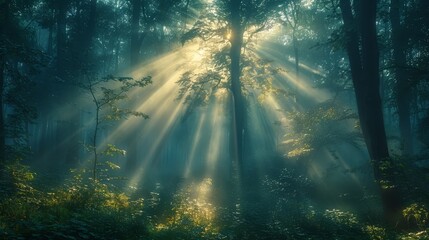   A forest teeming with tall trees, sun filtering through their dense canopy