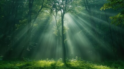   A forest teeming with numerous green trees and copious sunlight filtering via their leaves