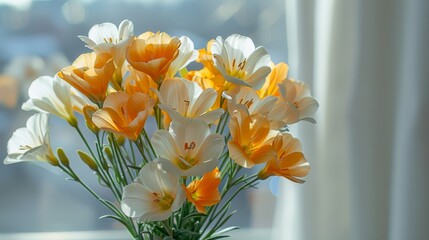   A yellow and white flower bouquet in a vase on the windowsill, framed by a white curtain