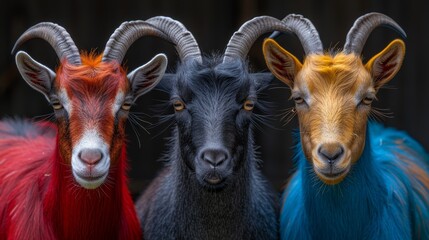   Three goats, each with distinct hues - red, orange, and blue - stand aligned before a black backdrop
