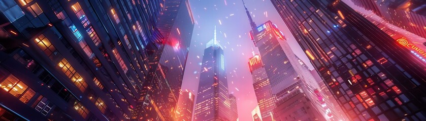 , steel, futuristic cityscape with towering skyscrapers, night, photography, neon lights, lens flare - obrazy, fototapety, plakaty